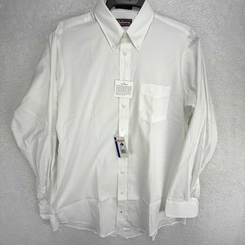 Hathaway Mens White Pima Pinpoint Oxford Dress Shirt 17.5 37 Big & Tall USA Made